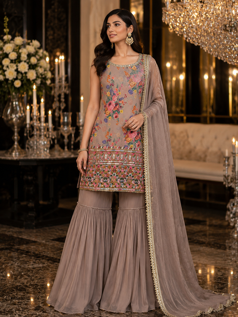Georgette based printed kameez with mirror work neck design sharara suit (slight variation in color and design is possible)