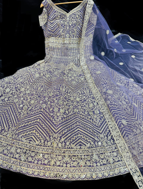Plus size Netting based heavy embroidery with mirror work designer blouse with heavy flared gown and netting based sequined work Dupatta