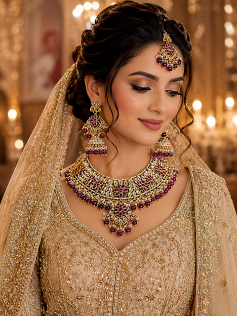 Elegant Kundan Bridal Necklace Set featuring delicate pearl detailing and timeless royal charm (slight variation in color and design is possible)