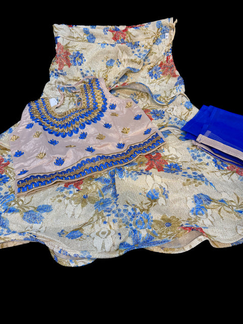 Golden silk based embroidery & stone work blouse with golden cream colour printed shimmery silk lehnga with dupatta