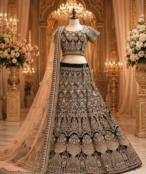 Velvet Based Beautiful Embroidery Work Heavy Squined Work With Golden Fine Stones Heavy Layered Ken Ken Designer Bridal Lehnga & Heavy Tessels Attached To Blouse & Lehnga With Heavy Work Lace Beaded Dupatta(slight variation in color & design is possible)
