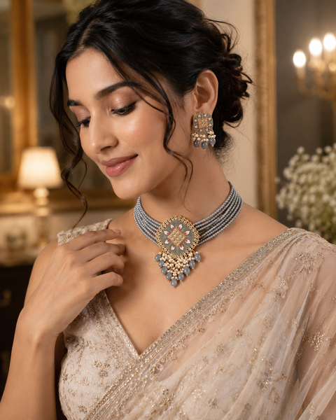 Beautiful Meenakari work with Kundan stone choker Set With Elegant Pearl Detailing (Slight Variation In Color, Design, And Finishing May Occur