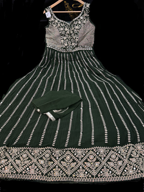 Georgette Based embroidery work all over with sequined work  design at (front and Back )Flared Kameez /Gown And netting Based contrast Embroidery with sequins Work Dupatta