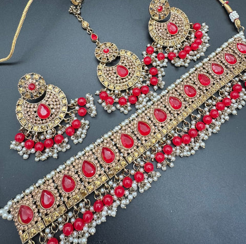 Jerkan stone with pearls beaded choker set with beautiful earrings & tikka