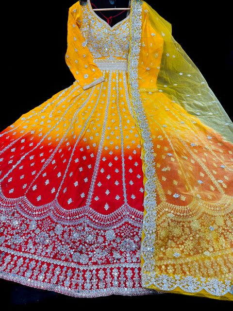(Video clip attached) Ombré shades Chinnon Based Embroidery With sequins Work  heavy flared gown/kameez And Netting Based Sequined Work Dupatta