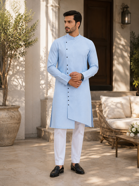 Lite blue colour cotton linen based side cut style kurta with pants  (slight variation in color & design is possible)