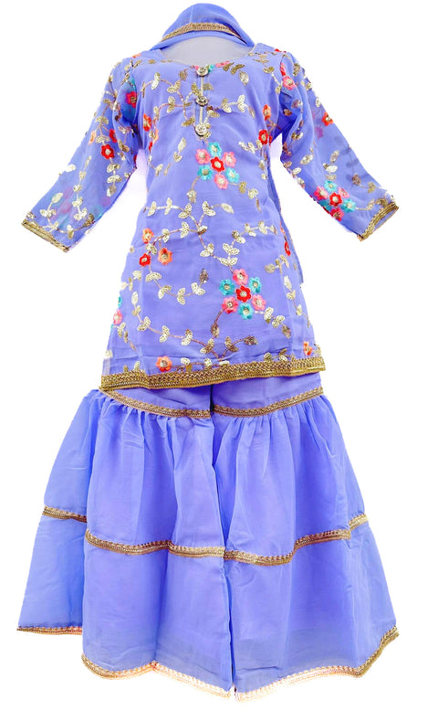 Georgette based sequinned with Embroidery work Flare kameez with lace border work Sharara suit for Kids