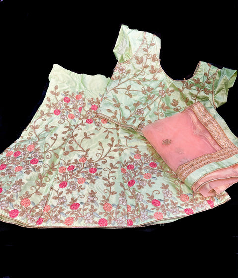 Lime green colour silk based heavy embroidery work with stones readymade lehnga & blouse & contrast dupatta lehnga