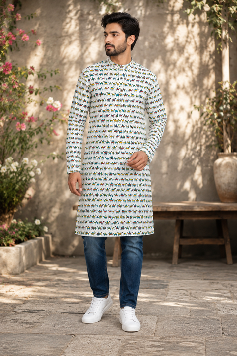 Pure cotton based Men’s Printed kurti (sizes mentioned in inches ,not according to the label on Kurti)size 44kurti- Length 40 inches and size 46-length 42 inches ) Kurti only. Pants not included.