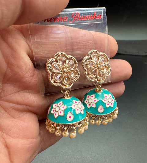 Small size Polki Stone With Pearls Work Beautiful Meenakari Jhumka