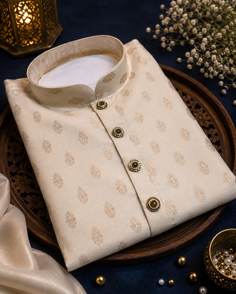 Soft Silk based Heavy brocade work designer Kurta with golden Pajama (slight variation in color and design is possible)