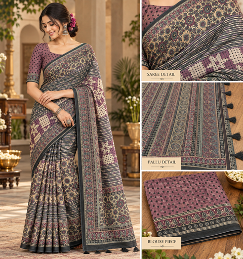Elegant Chanderi cotton silk saree featuring delicate dotted prints, a beautifully detailed floral pallu and traditional printed border. Lightweight, graceful and perfect for festive or elegant day wear.