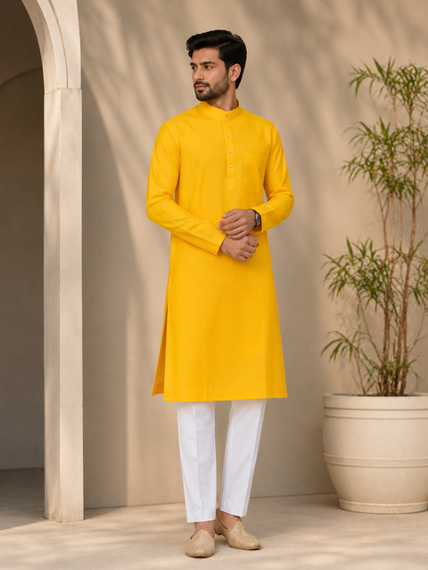 Yellow Colour Cotton Kurta with White Pajama (slight variation in color and design is possible )