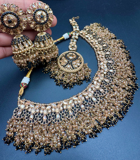 Original Polki stone with pearls beaded work beautiful necklace with jhumka and tikka set