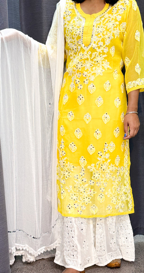 Bright Yellow color Georgette based chikankari work with Mirror work Kurti with pure georgette based Chikankari & mirror work Plazo and pure chiffon based mirror work beautiful soft & full size dupatta