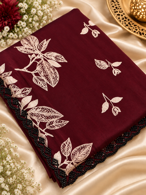 Fendi Silk Saree – Elegant floral print with beautiful black stone handwork border all around. Soft, stylish, two toned shiny. Matching blouse piece attached; model blouse is for reference only. Slight variation in colour/design is possible.