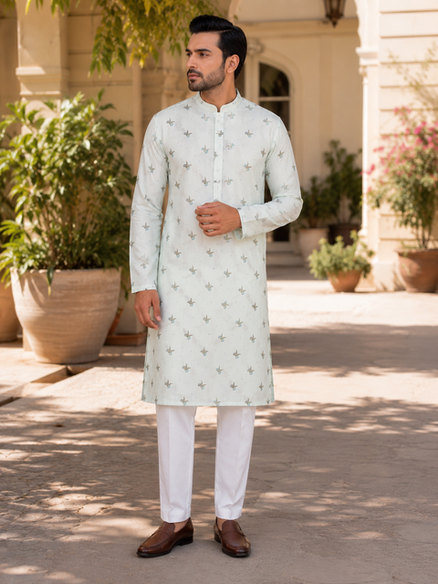 Pastel Aqua colour cotton kurta with pajama pants (slight variation in color and design is possible )