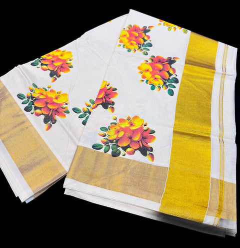 KERALA KASAVU COTTON SAREE WITH BEAUTIFUL FLORAL  PRINT