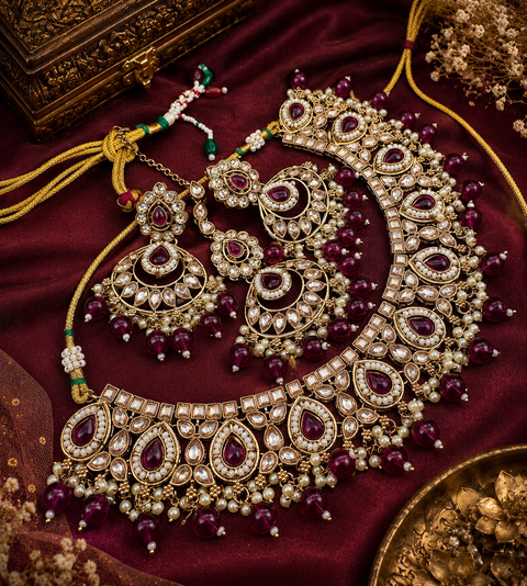 Polki stone with pearls beaded work beautiful necklace with jhumka and tikka set