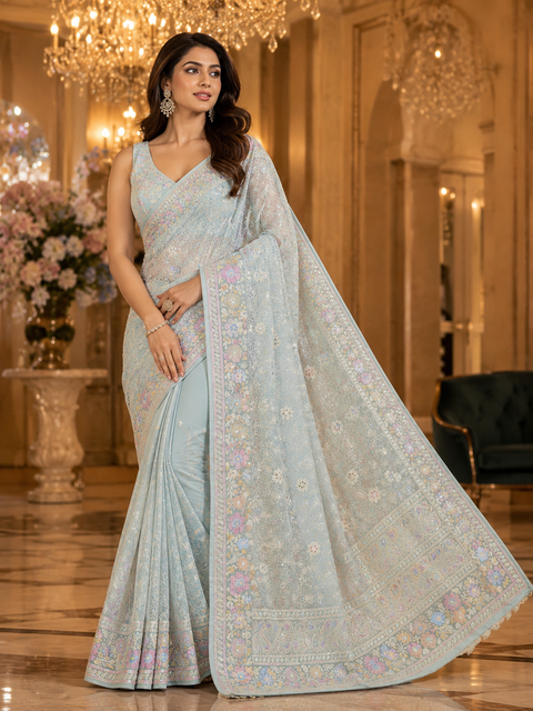 Pure Georgette Saree with beautiful pastel multicolor embroidery, rainbow sequins and delicate threadwork. 
Model blouse is for reference only. Blouse piece is attached with the saree. Slight variation in colour and design may occur.