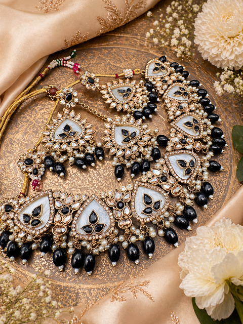 Original Polki stone with pearls beaded work beautiful necklace with earrings and tikka set