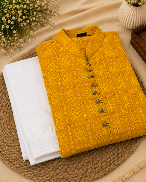 Georgette based Heavy embroidery with sequined work designer Kurta with white Pajama (slight variation in color and design is possible )
