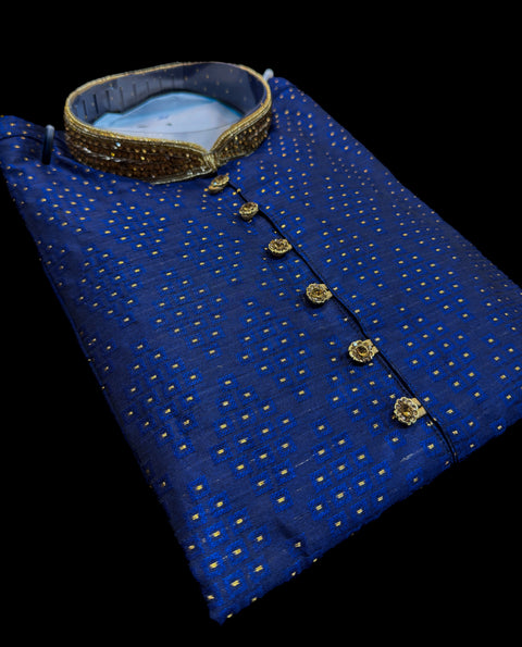 Soft Silk based Heavy brocade work with stone work buttons and neck design , designer Kurta with golden Pajama