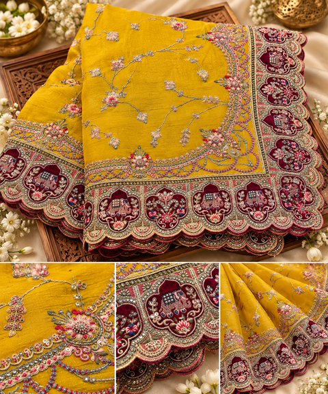 Beautiful shimmery silk saree featuring heavy embroidery, handwork & stone detailing, paired with a contrast embroidered blouse piece. Model blouse is for reference only; blouse piece is attached with saree. Slight variation in colour/design may occur