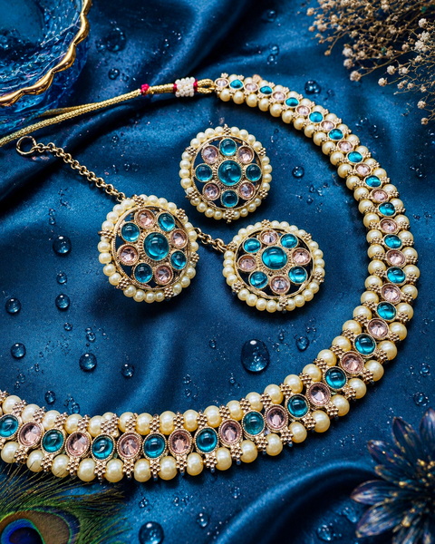 Polki And Pearls Work Beautiful Necklace Set With studs & Tikka