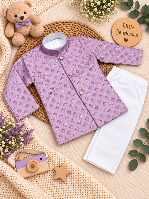 Soft Rayon chikankri sequin based Newborn Kurta Pajama Set with soft inner lining, easy front-open kurta & matching elasticated pajama for comfortable wear.Kurta L 35 cm,Chest 25 cm,Sleeve24 cm,Pajama L 33 cm.Slight variation in colour & design may occur