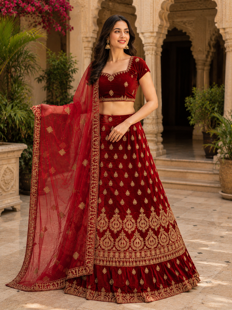 (unstitched Lehnga)Maroon color velvet  based embroidery work Lehnga and dupatta 
(slight variation in color and design is possible)