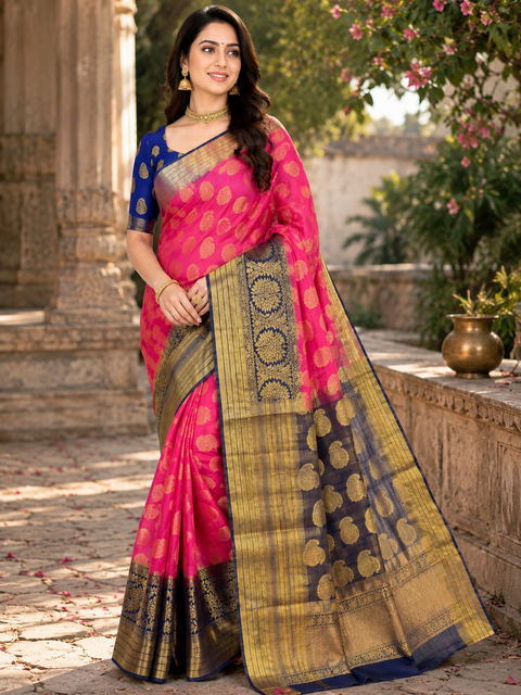 Art silk beautiful design Saree with contrast Pallu and Blouse , blouse piece is attached to Saree(slight variation in color and design is possible)