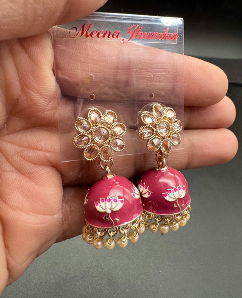 Small size Polki Stone With Pearls Work Beautiful Meenakari Jhumka