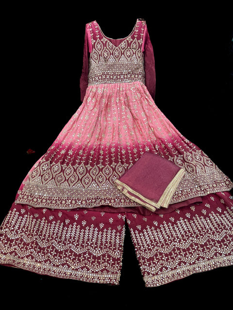 Ombré Georgette based sequined and embroidery work kameez with sharara pants and netting dupatta