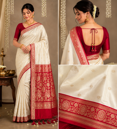 Plain silk Saree with contrast zari border and contrast plain Blouse, Model-Worn Blouse Is For Reference Only. Unstitched Blouse Piece Is Attached With Saree(Slight Variation In Color & Design Is Possible)