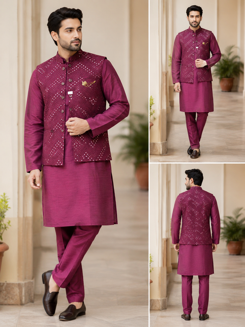 Mirror work Jacket with Raw Silk based Kurta & Pants (slight variation in color and design is possible)