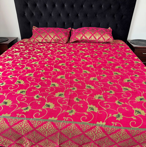 Roses Print Velvet golden zari Work Bed Sheet (275cm x 265cm)king size King Size Bedsheet With Double Pillow Cover