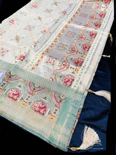 (Video clip attached ) Soft tissue silk embroidery saree with stone work and tessels attach on Pallu