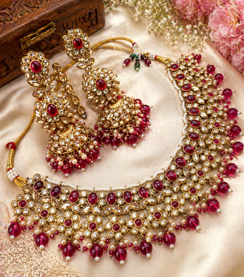 Polki stone with pearls beaded work beautiful necklace with jhumka and tikka set