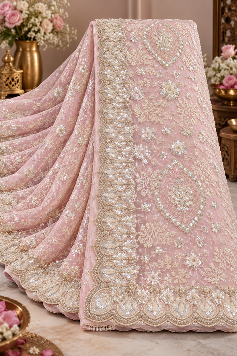 Heavy Embroidered Net Saree – Elegant sheer net saree with all-over embroidery, sequin detailing and a rich heavy border.Blouse shown is for reference only; actual blouse piece is attached with the saree. Slight variation in colour/design possible.