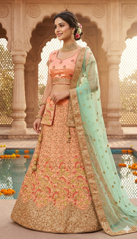 Size 42(can be altered upto 46)Silk based embroidery work with sequined work heavy ken ken lehnga with stitched blouse & Peachy Pink netting dupatta with heavy lace border (slight variation in color and design is possible)