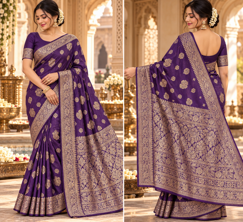 Luxuriously soft silk saree with a smooth, lightweight feel and beautifully flowy drape. Featuring rich woven zari floral motifs and an elegant detailed border .Blouse piece included. Slight variation in colour and design is possible.
