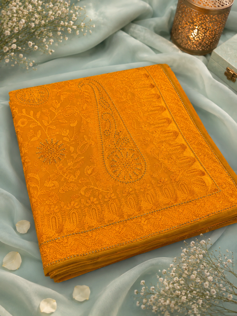 Beautiful Shimmery Georgette Saree featuring elegant embroidery and stone work throughout. Comes with an unstitched matching blouse piece. Model blouse is for reference purpose only. Slight colour and design variations may occur.