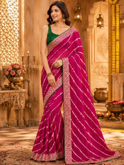 Soft georgette based lehariya print sarees with gotta patti and sequined work border. Blouse Worn By The Model Is For Reference Purposes Only. The Blouse Piece Is Attached Separately With The Saree. Slight Variation In Color And Design May occur