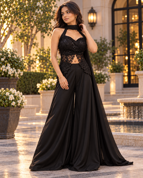 Elegant heavy handwork top paired with a loose circular palazzo and matching dupatta. A stylish festive outfit with beautiful detailed work, perfect for parties and special occasions.Slight variation in design is possible.
