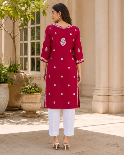 Very soft rayon-based kurti with elegant Lucknowi embroidery at front & back, giving it a graceful and timeless look. Pants are not included – this is kurti only. Slight variation in color and design is possible.