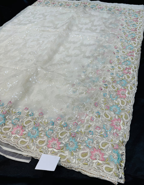 Cream Colour Heavy Stone Work & Embroidery Jaal Work Beautiful netting Designer Saree and embroidery work blouse piece