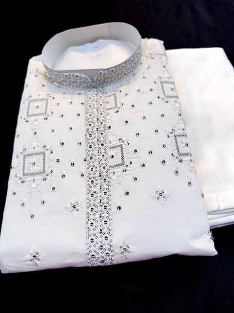 Malmal Rayon based very soft beautiful embroidery work at front and back & on sleeves with sequins work designer Kurta & Pajama