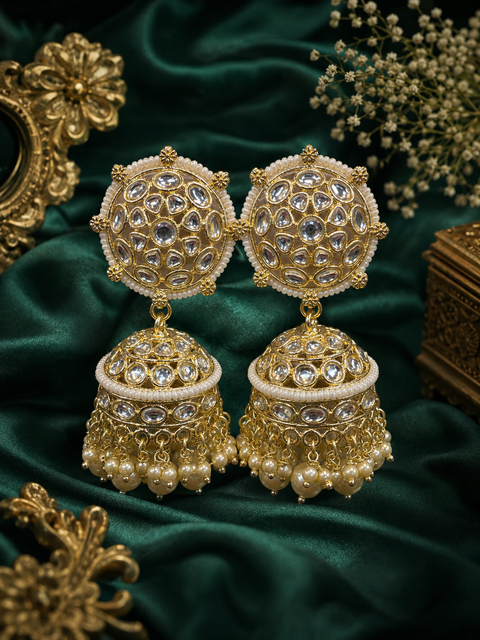 Golden stone with pearls work beautiful big size Jhumka(slight variation in color and design is possible )