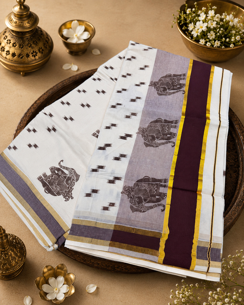KERALA KASAVU COTTON SAREE WITH BEAUTIFUL ELEPHANT PRINT (slight variation in color & design is possible)